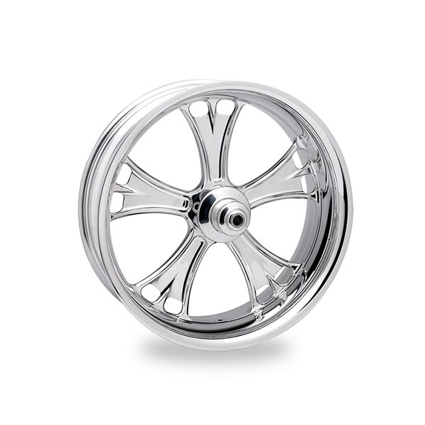 Shiny chrome car wheel rim with five spokes.