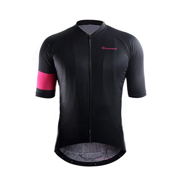 Black cycling jersey with pink armband and subtle branding.