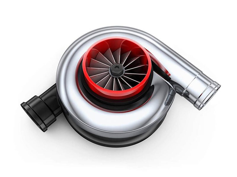 A shiny turbocharger with red accents and a sleek metallic finish.